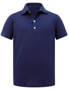 Boys navy blue polo shirt with button collar design, perfect for school uniforms and casual occasions.