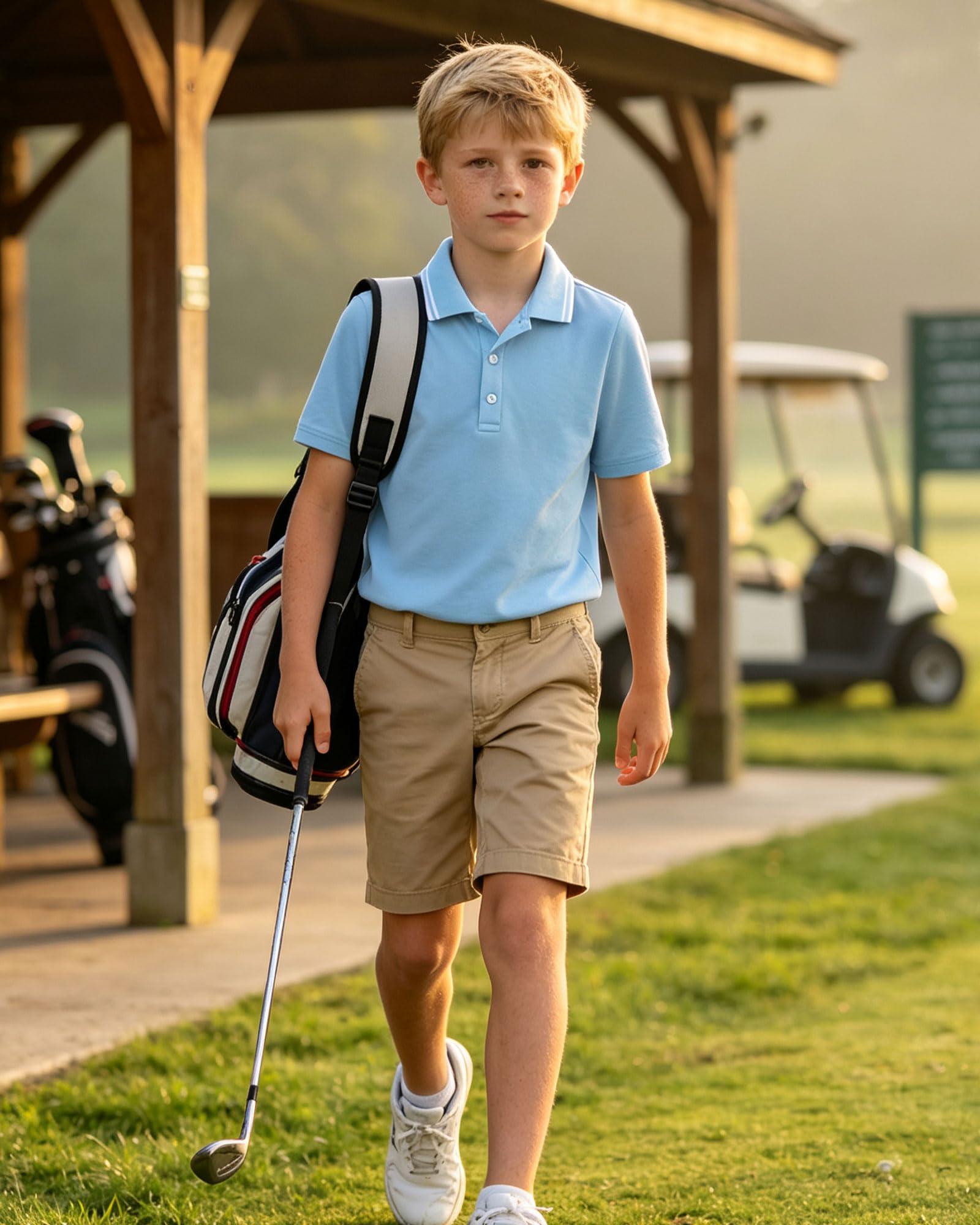 Boy wearing a navy blue polo shirt with a smart casual golf outfit, comfortable kids clothing for outdoor activities, school and everyday wear.