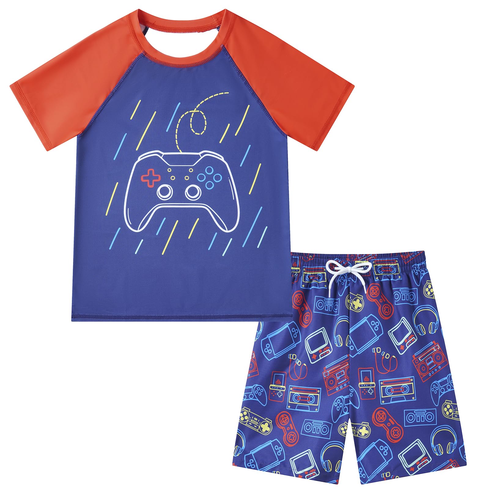 Boys navy game print swim set with short sleeve shirt and matching trunks, casual kids swimwear for vacations.