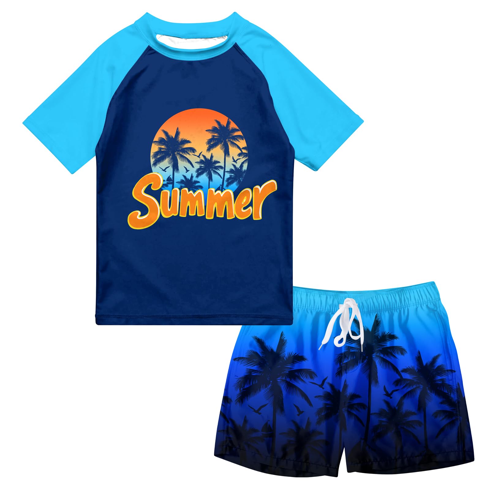 Boys Navy Hawaii swim set with navy short sleeve tropical rash guard and coordinating dark blue printed swim trunks.