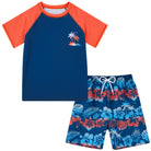 Boys navy Hawaiian swim set featuring short sleeve swim shirt and matching printed swim shorts, tropical kids beachwear for summer.