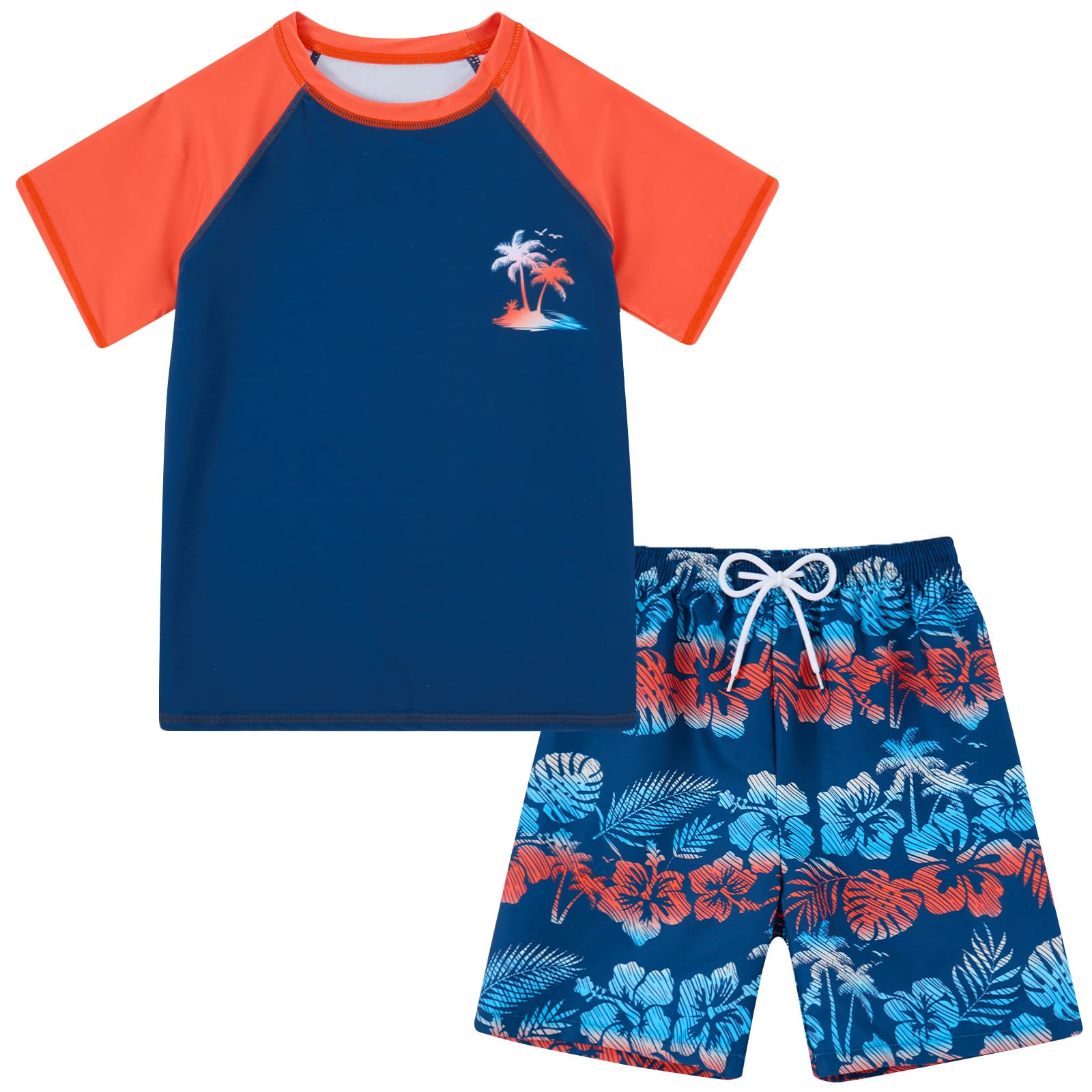 Boys navy Hawaiian swim set featuring short sleeve swim shirt and matching printed swim shorts, tropical kids beachwear for summer.