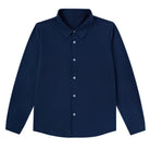 Boys navy long sleeve polo shirt with classic collar, button front design and stretch fabric for school, casual and everyday wear.