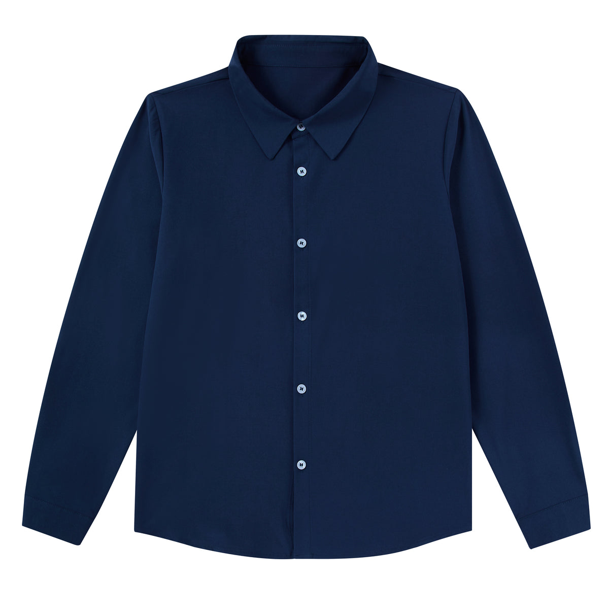 Boys navy long sleeve polo shirt with classic collar, button front design and stretch fabric for school, casual and everyday wear.