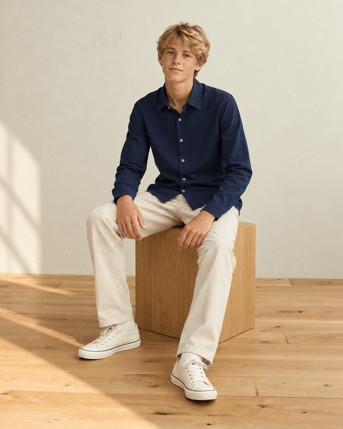Boy wearing a navy long sleeve polo shirt in a casual sitting pose, showing the versatile style for school and everyday outfits.