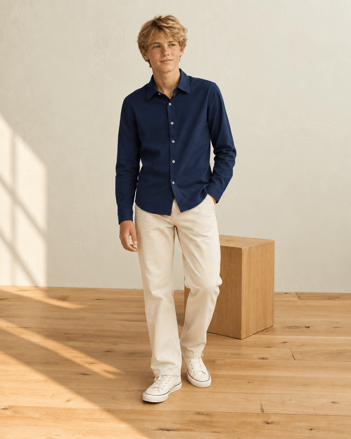 Boy wearing a navy long sleeve polo shirt from the front, showing the classic collar, button placket and regular fit design.