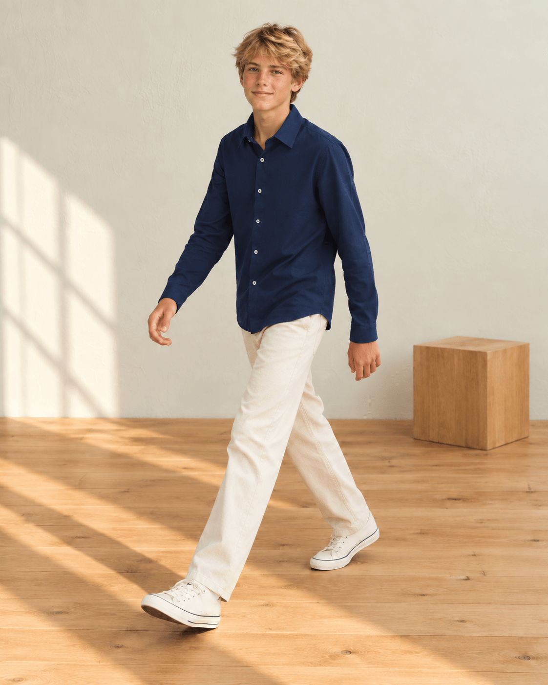 Boy wearing a navy long sleeve polo shirt in a side pose, showing the comfortable fit and lightweight stretch fabric.
