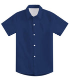 Boys solid navy short sleeve button-down shirt with classic pointed collar and clean casual design for school and everyday wear.