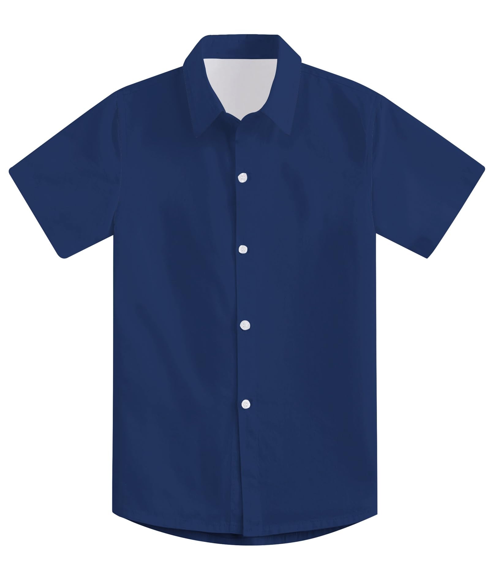 Boys solid navy short sleeve button-down shirt with classic pointed collar and clean casual design for school and everyday wear.