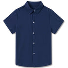 Boys navy short sleeve button-up shirt with point collar, front button closure and stretch fabric for school, travel and casual wear.