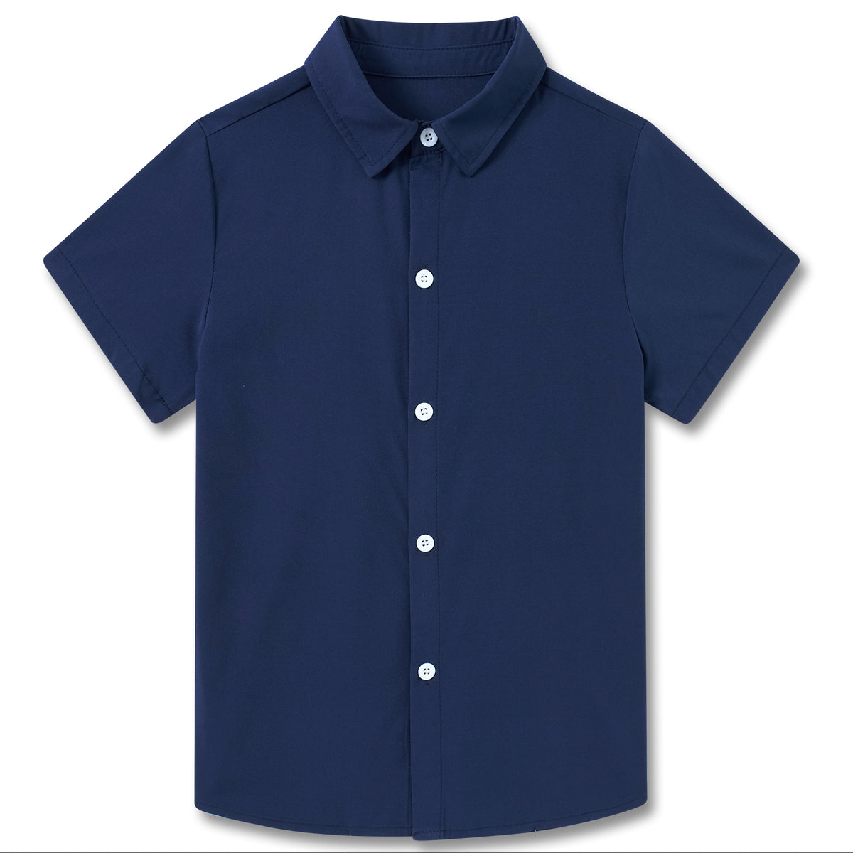 Boys navy short sleeve button-up shirt with point collar, front button closure and stretch fabric for school, travel and casual wear.