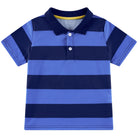 Boys navy striped polo shirt with two-button collar, stylish school and casual shirt for boys.