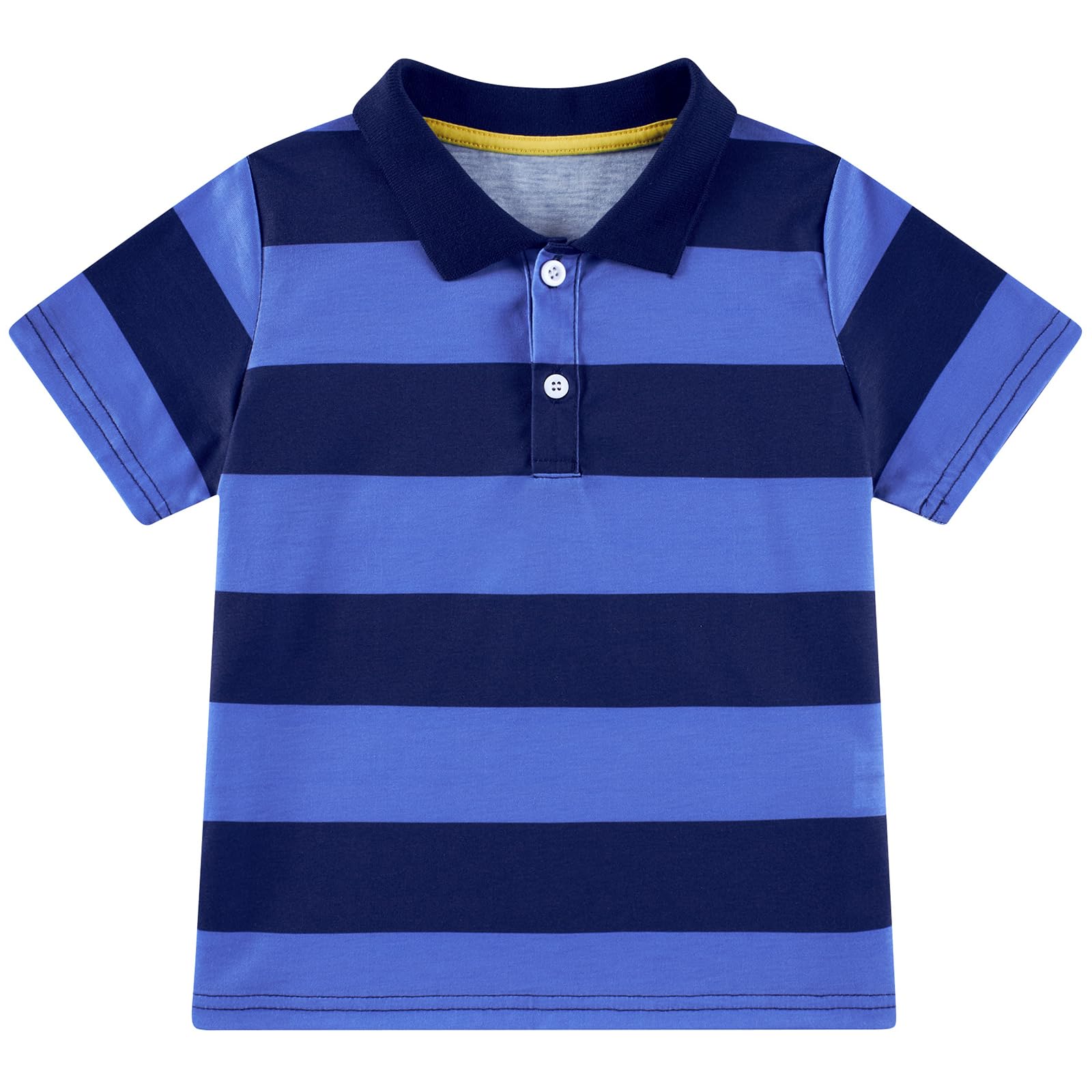 Boys navy striped polo shirt with two-button collar, stylish school and casual shirt for boys.