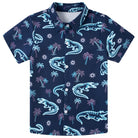Boys navy short sleeve button-down shirt with blue turtle graphics, a fun animal print top for casual and vacation outfits.