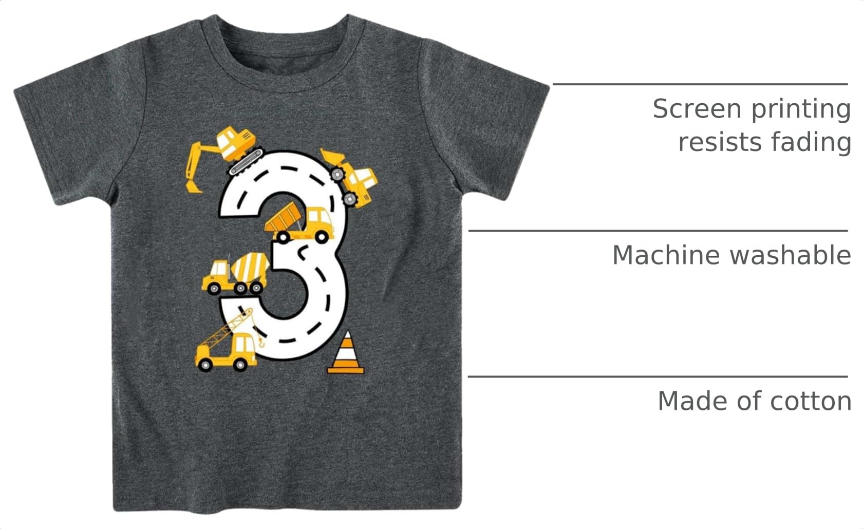 Close up of boys number 3 birthday graphic T shirt showing construction vehicle print, fade resistant screen printing, machine washable fabric and cotton material.