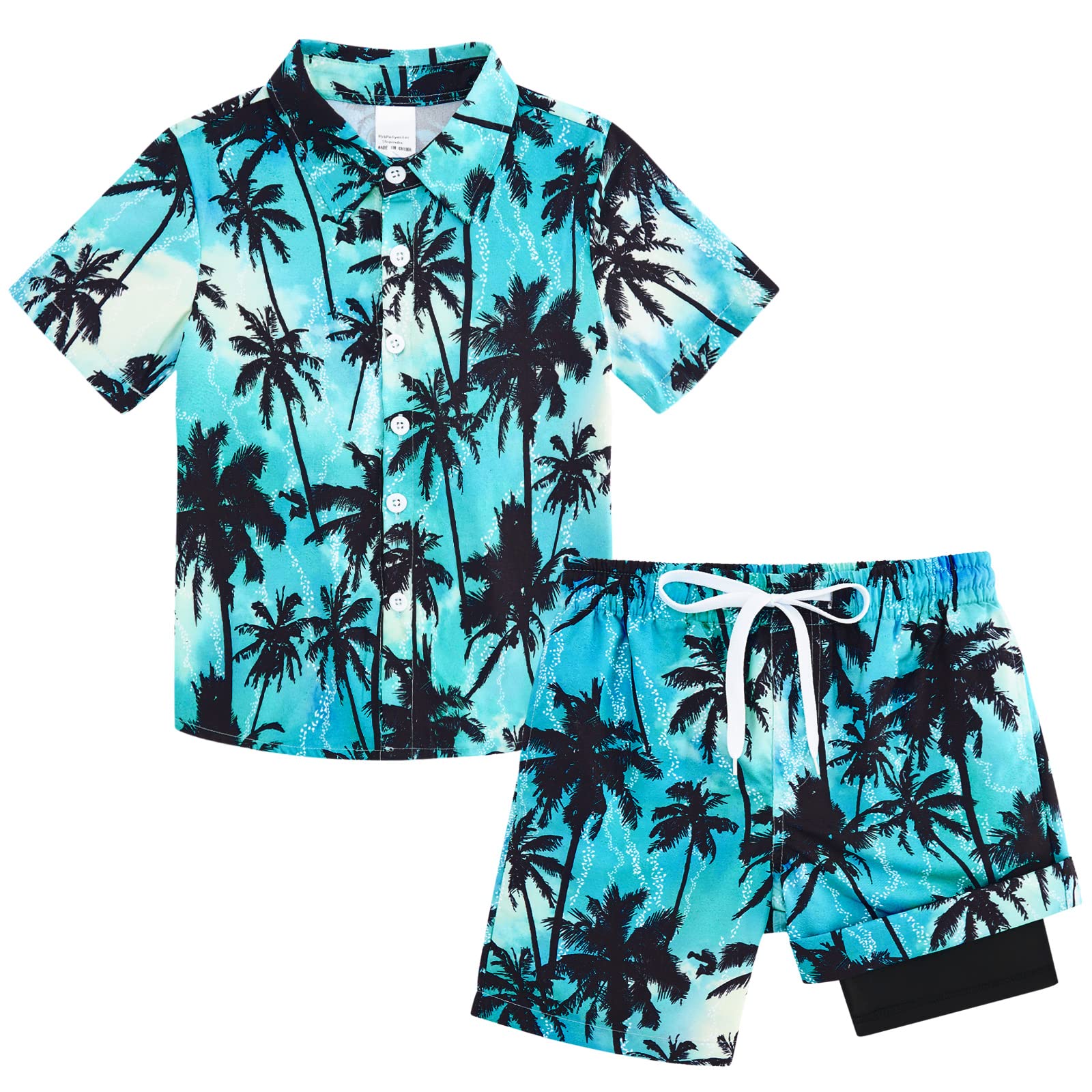 Boys Ocean Palm tropical shirt and swim shorts set featuring palm print design, comfortable kids vacation outfit for summer.