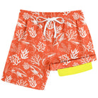 Boys orange coral printed swim shorts with lightweight quick dry fabric for swimming and summer activities.