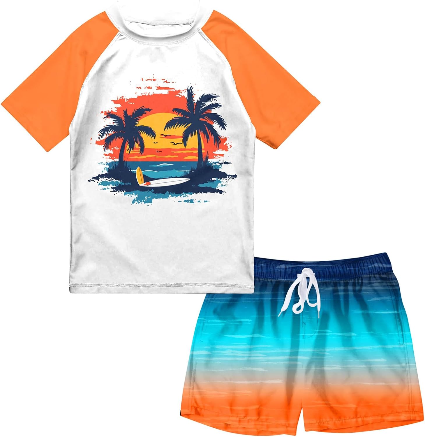 Boys Orange Hawaii two-piece rash guard swim set with short sleeve tropical print top and blue orange gradient swim trunks.