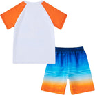 Back view of boys Orange Hawaii rash guard shirt with orange sleeves and matching blue orange gradient swim trunks.