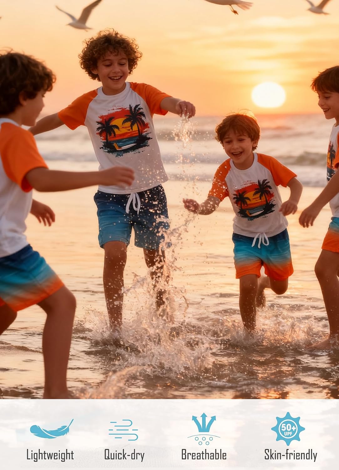 Kids wearing Orange Hawaii rash guard swim sets while playing by the ocean at sunset, designed for beach and summer water activities.