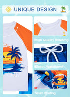 Detail image of boys Orange Hawaii swim set showing the tropical shirt graphic, raglan sleeves, drawstring waist and printed trunks.