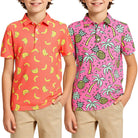 Boys orange pink fruit print polo shirt with colorful summer pattern, comfortable short sleeve top for casual outfits.