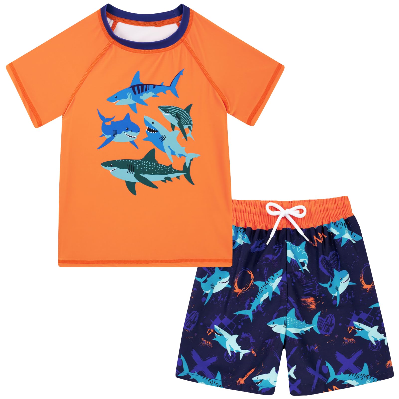 Boys orange shark printed swim set with short sleeve top and matching swim shorts, fun ocean inspired kids swimwear.