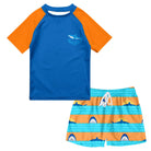 Boys Orange Shark swim set with blue and orange short sleeve rash guard and coordinating striped printed swim trunks.