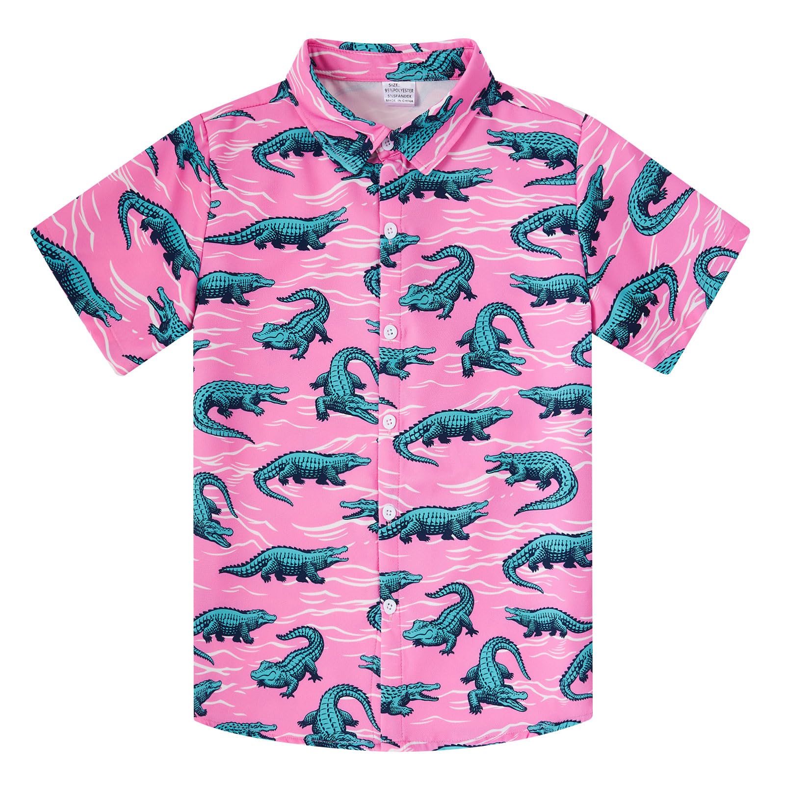Boys pink short sleeve button-down shirt with green crocodile print, classic collar and playful casual summer design.
