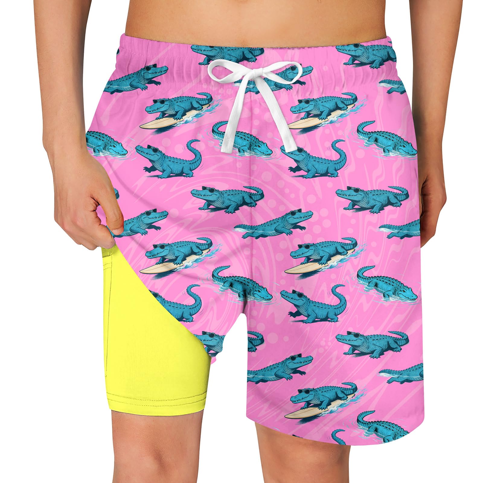 Boys pink crocodile swim trunks with fun animal print design, quick dry fabric and comfortable liner.