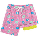 Boys pink donut printed swim shorts with quick dry fabric and comfortable fit for beach days.