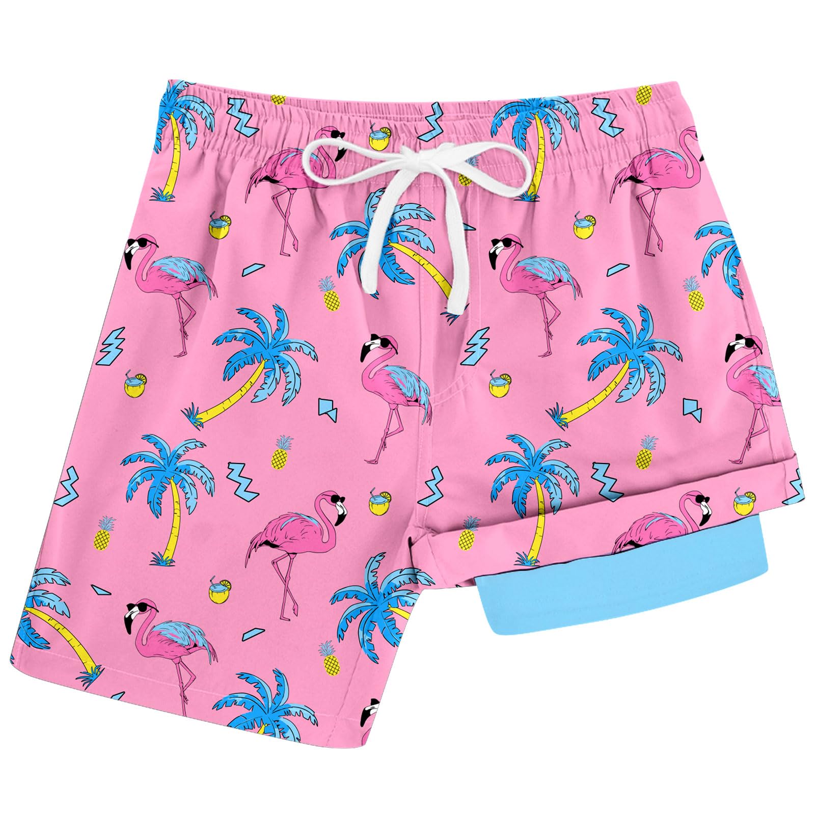 Boys pink flamingo printed swim trunks with drawstring waistband and quick dry material.