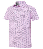 Boys pink printed polo shirt with short sleeves, classic collar and small all-over pattern for casual everyday outfits.