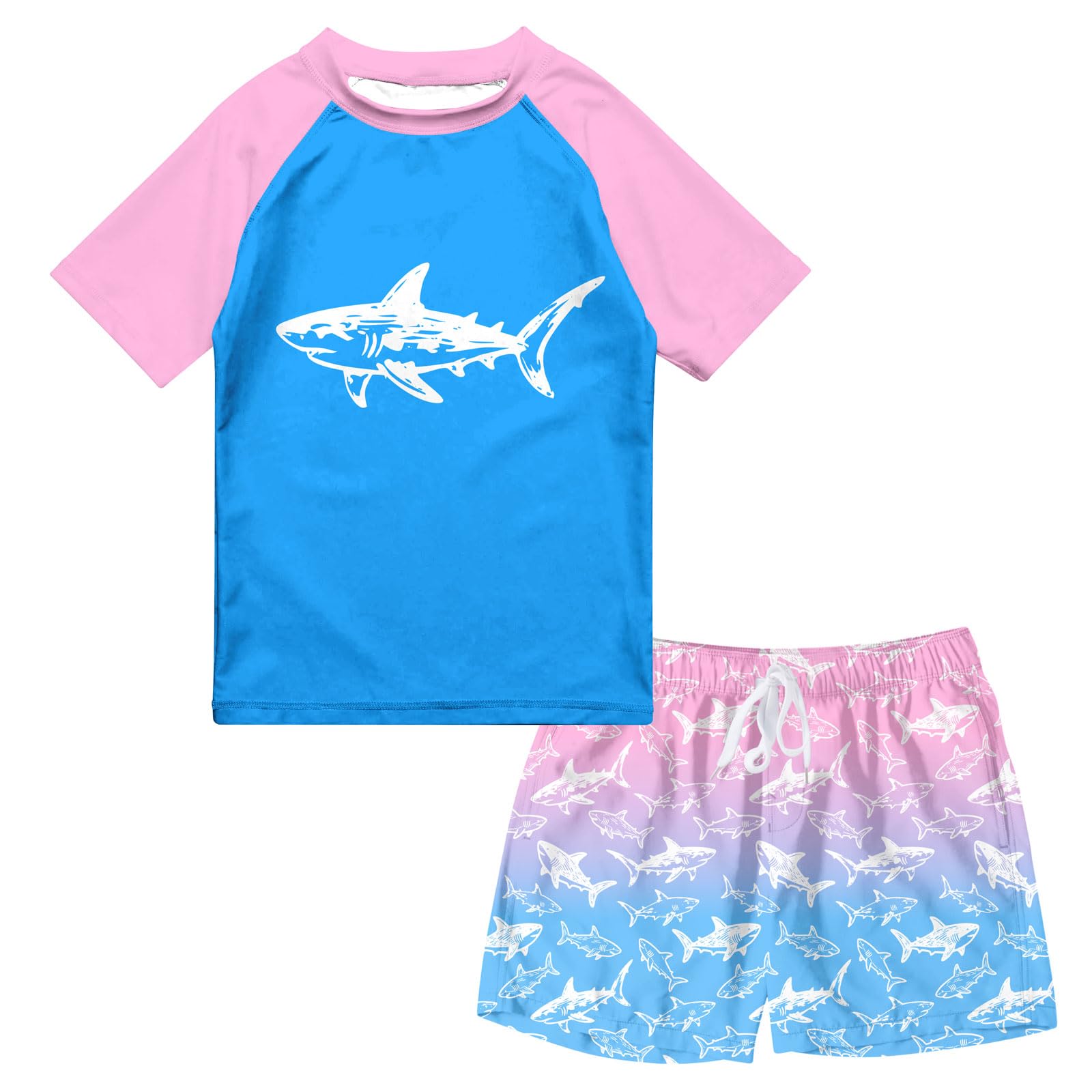 Boys Pink Shark two-piece swim set with blue and pink short sleeve rash guard and coordinating shark print swim trunks.