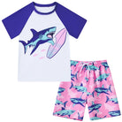 Boys pink shark printed swimwear set with comfortable swim shorts, colorful ocean themed kids beachwear.