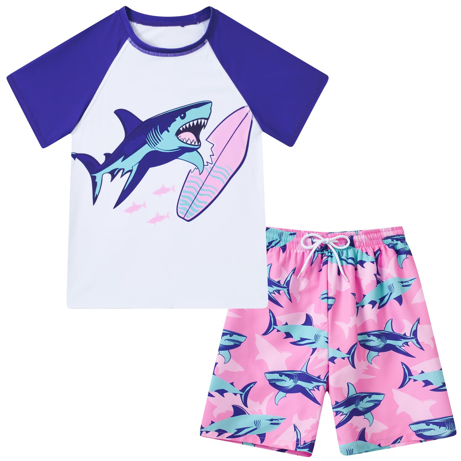 Boys pink shark printed swimwear set with comfortable swim shorts, colorful ocean themed kids beachwear.