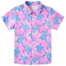 Boys pink turtle print short sleeve button-down shirt with playful animal graphics and a classic collared design.