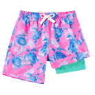 Boys pink turtle printed swim shorts with compression liner, stylish kids swimwear for summer.