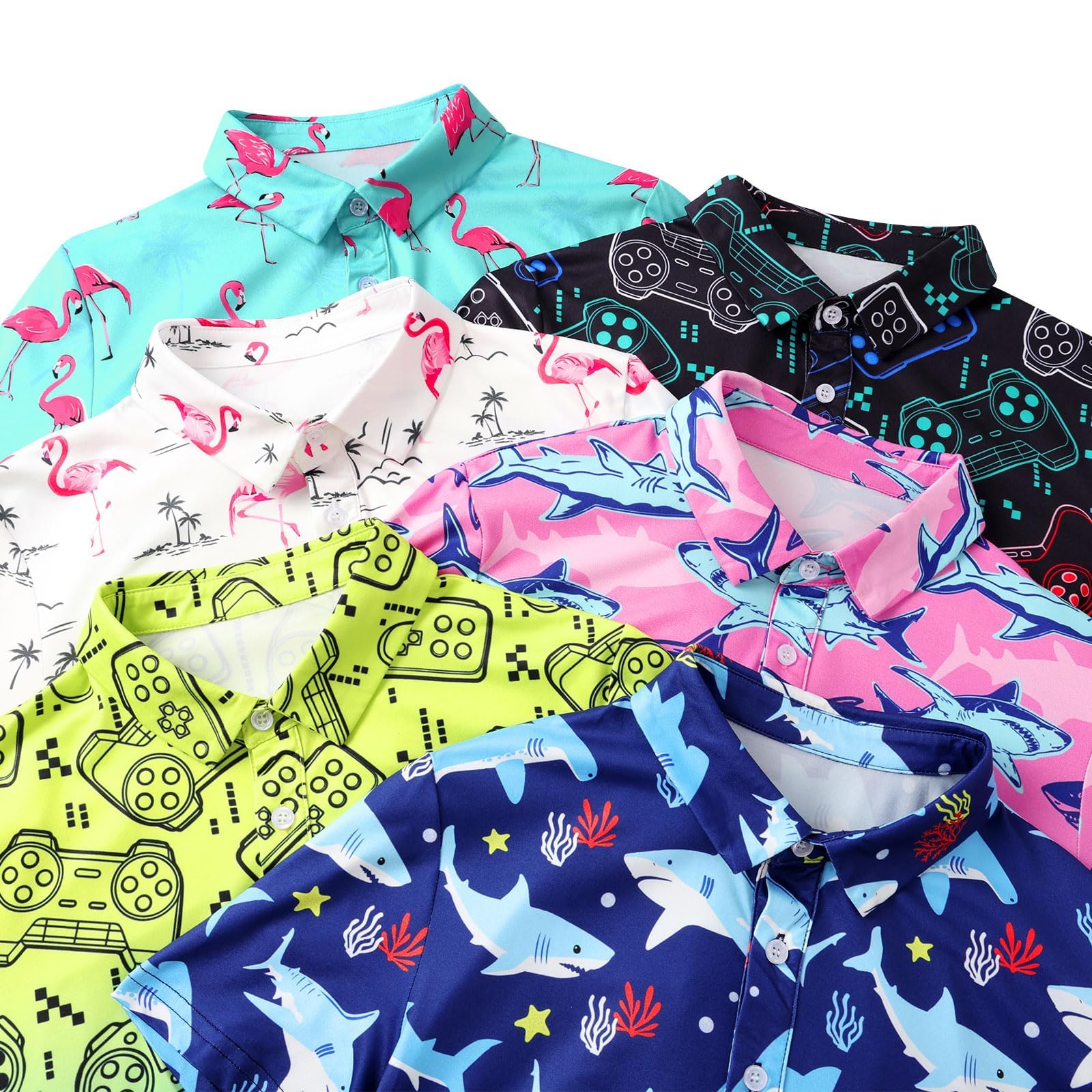 Close up details of boys polo shirt showing button collar, colorful print design and soft stretch fabric construction.