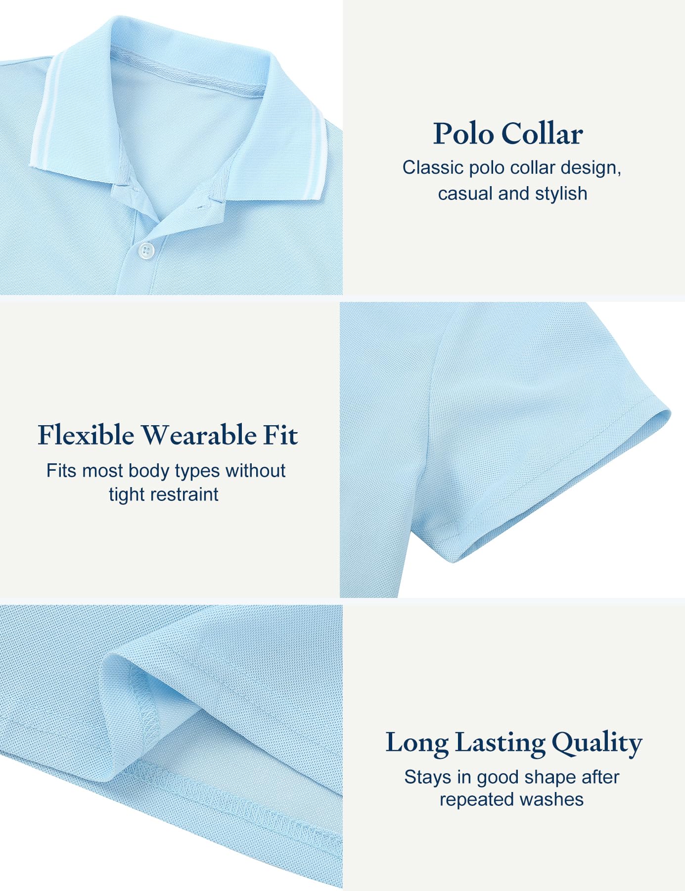 Boys polo shirt showing breathable fabric and comfortable design features