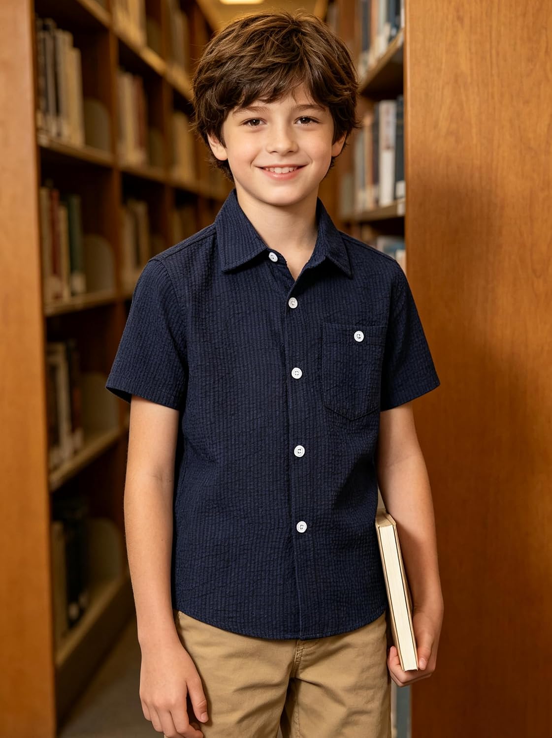 Boy wearing a navy striped polo shirt while reading in a library, styled for smart casual everyday wear.