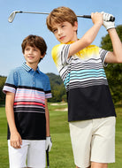 Boys wearing printed polo shirts during outdoor activities, showing comfortable fit and sporty casual style for active kids.