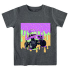 Boys purple truck graphic T shirt with colorful vehicle design, soft casual tee for school and play.