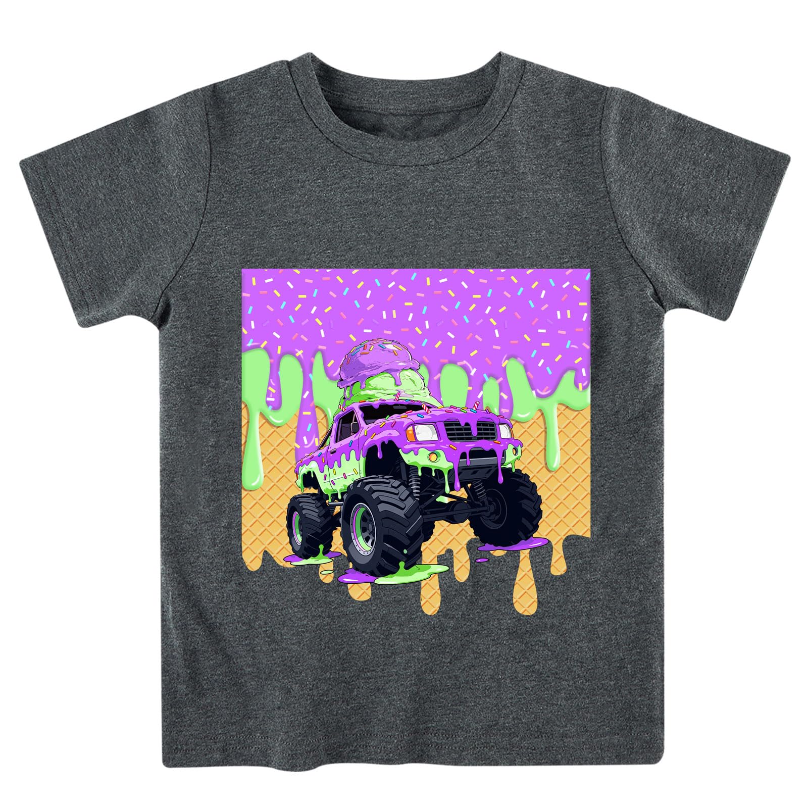 Boys purple truck graphic T shirt with colorful vehicle design, soft casual tee for school and play.