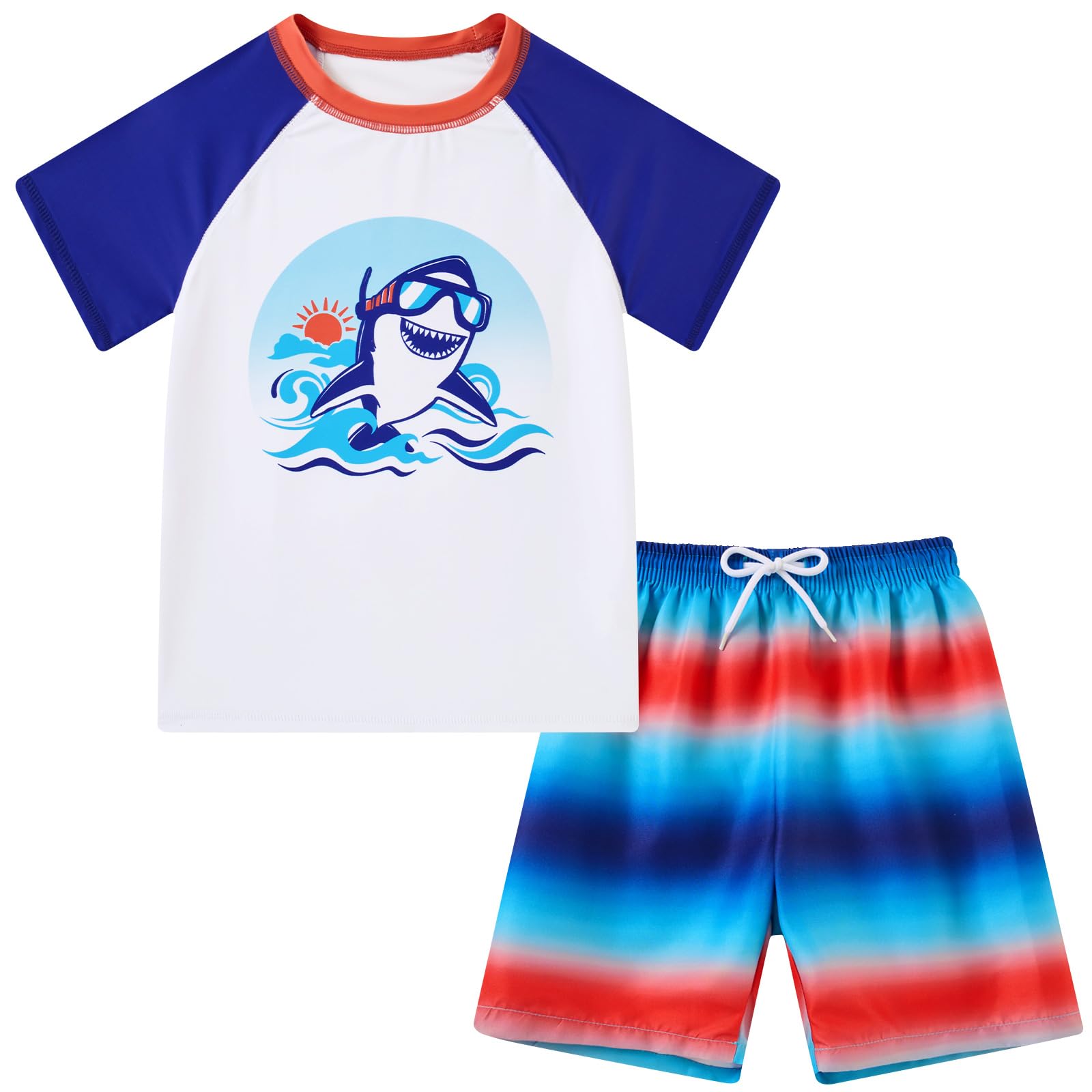 Boys red and blue printed swimwear set with matching shorts, sporty kids swimsuit for summer adventures.