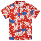 Boys red flag print short sleeve button-down shirt with bold red, white and blue graphics for casual summer wear.