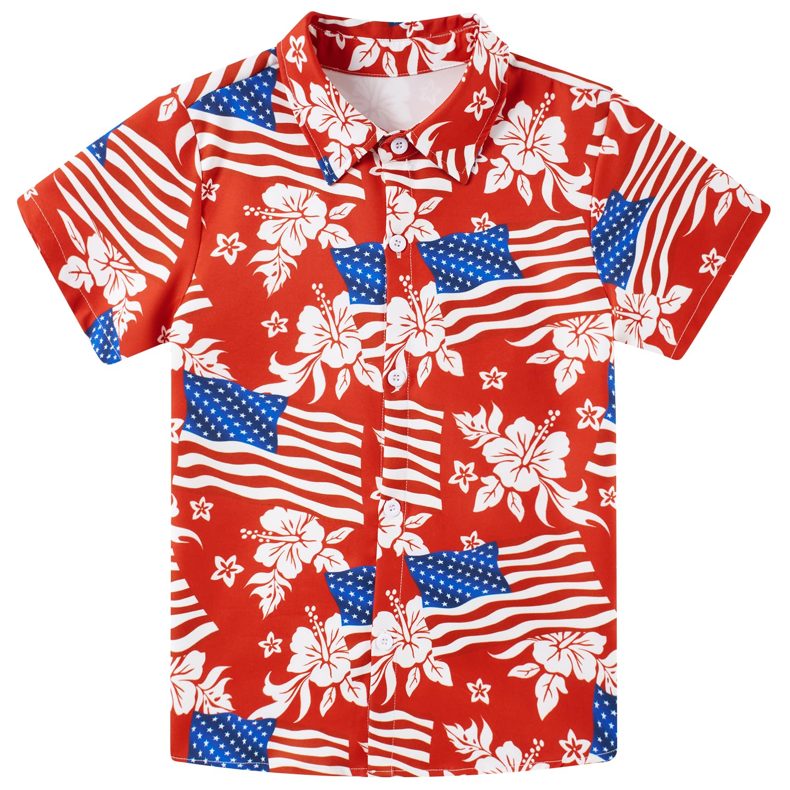 Boys red flag print short sleeve button-down shirt with bold red, white and blue graphics for casual summer wear.