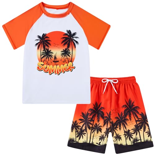 Boys red Hawaiian print swimsuit set featuring colorful short sleeve shirt and swim shorts for summer activities.
