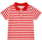 Boys red striped polo shirt with classic design, soft stretch fabric and comfortable fit for everyday wear.