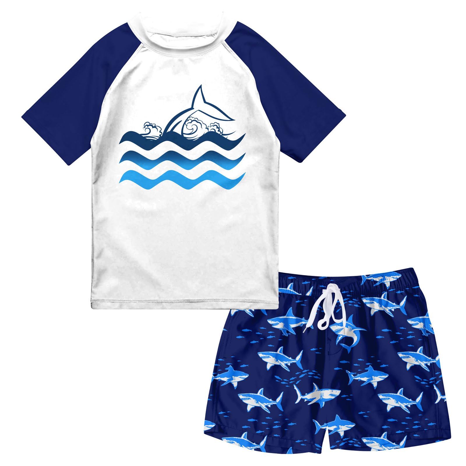 Boys Ripples swim set with white and navy wave design rash guard and coordinating dark blue swim trunks.